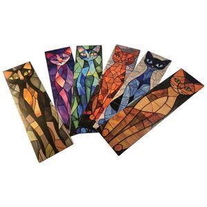 6pcs Stained Glass Black Cat Bookmarks Book Marker Clips Reading Sphynx Colorful